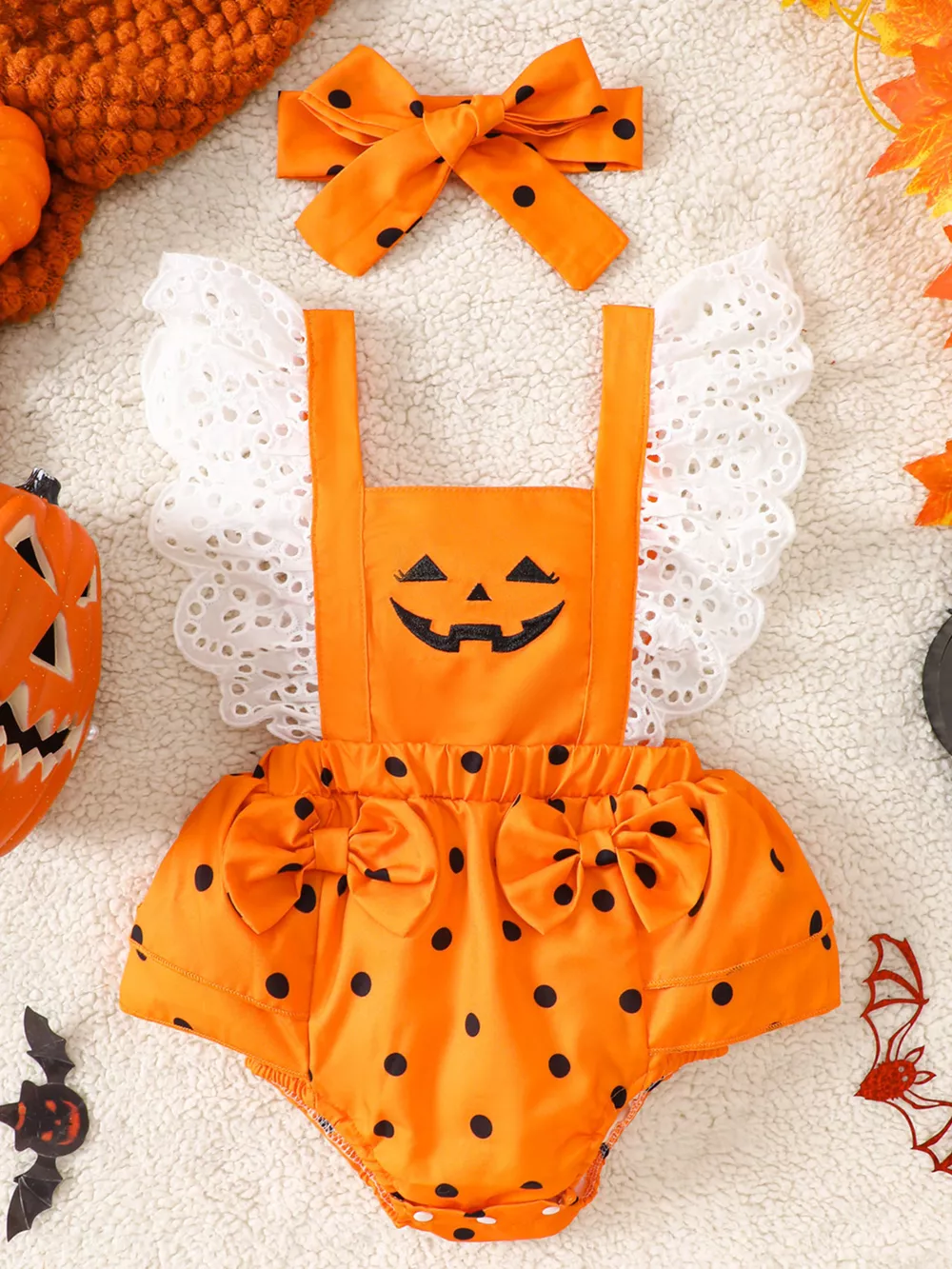 Children's Halloween Pumpkin Polka Dot Bodysuit and Headband Set