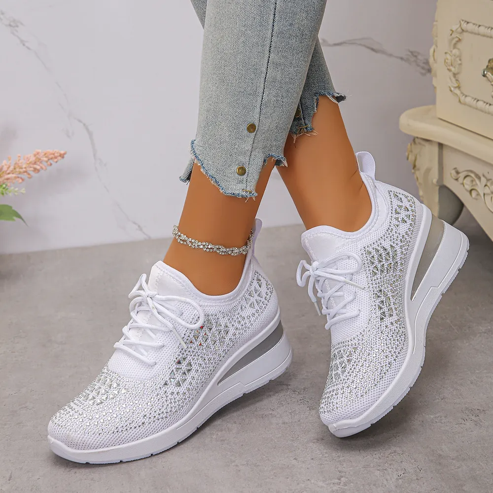 Breathable Mesh Rhinestone Wedge Athletic Sneakers, image 13