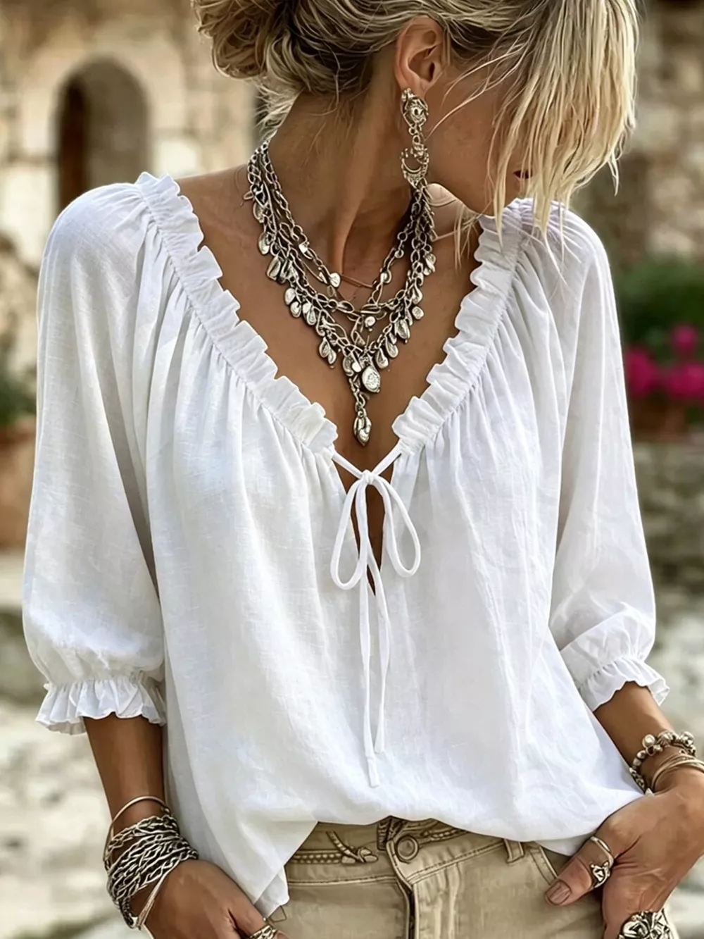 Frill Tie Neck 3/4 Sleeve Blouse, image 11