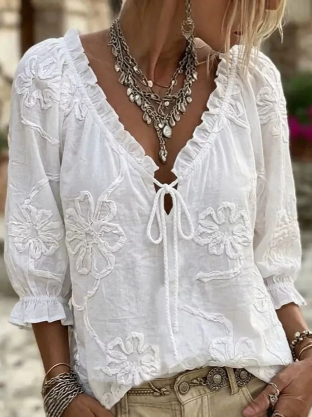 Floral Tie Neck 3/4 Sleeve Blouse, image 4
