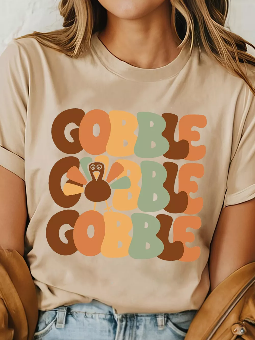 GOBBLE Turkey Graphic Thanksgiving Round Neck Tee, image 4