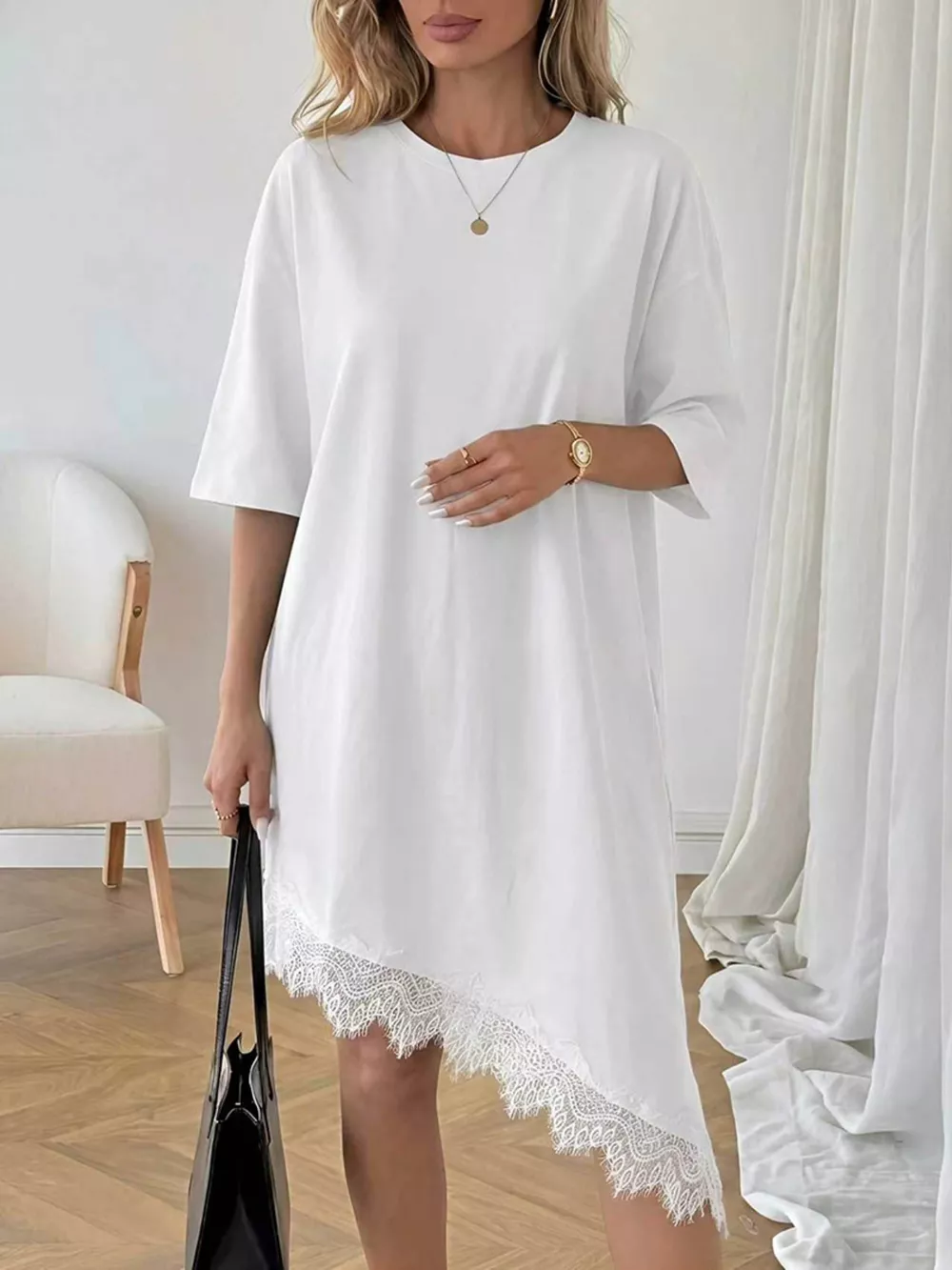 Lace Trim Asymmetrical Hem T-shirt Dress, image 4