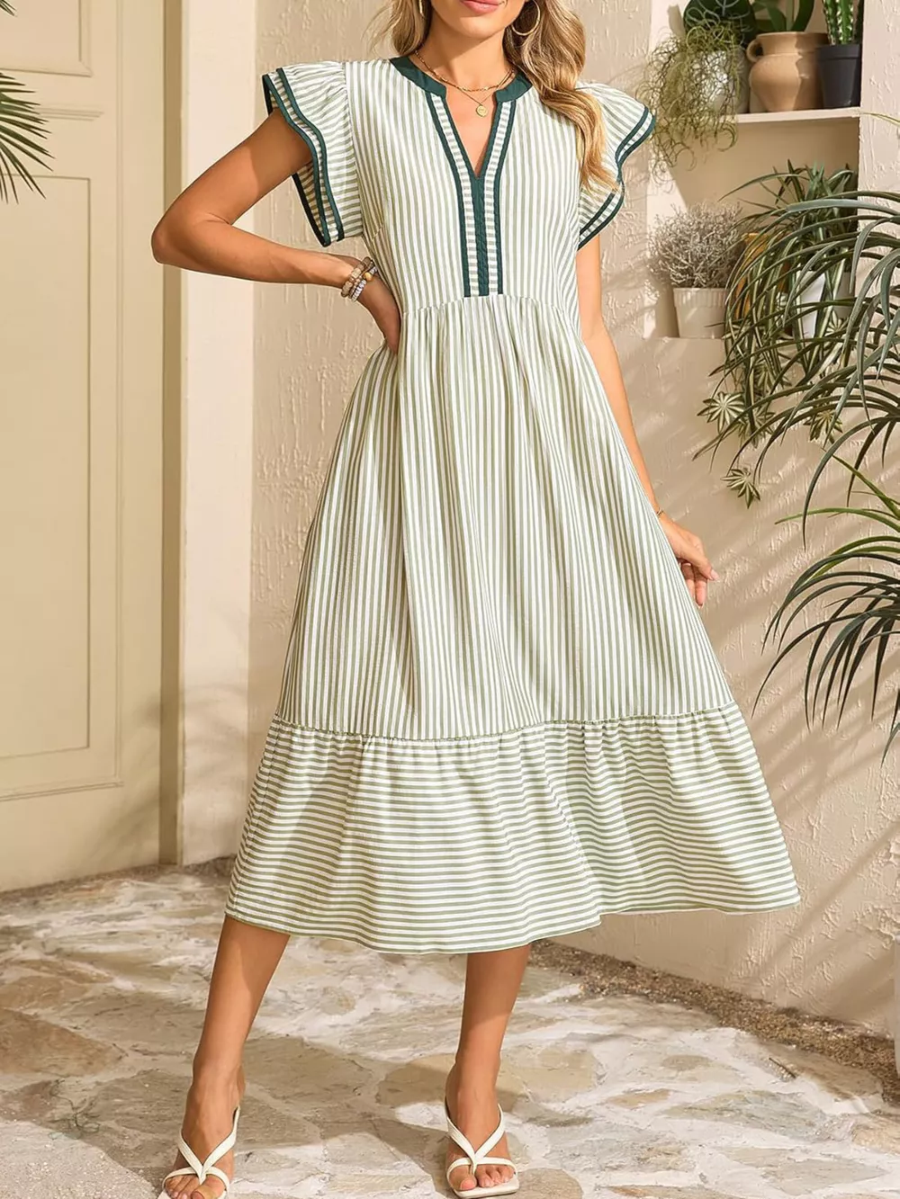 Striped Ruffle Sleeve Midi Dress, image 17