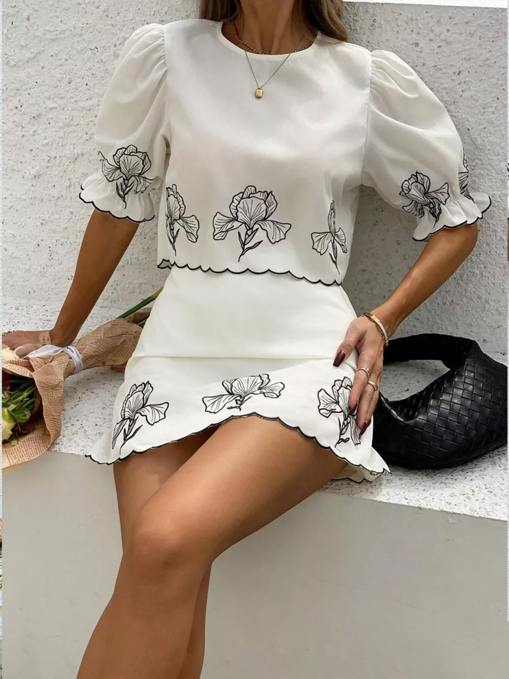 Floral Scallop Trim Top and Skirt Two-Piece Set, image 2