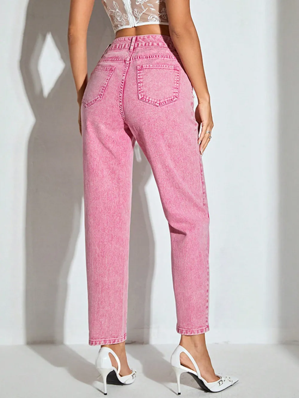 High-Waisted Wash Straight Leg Jeans, image 2