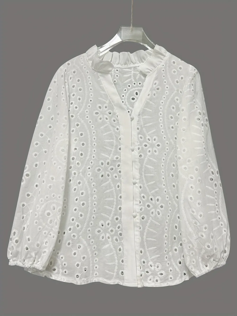 Eyelet Embroidered Button Front Shirt with Puffed Sleeves, image 8