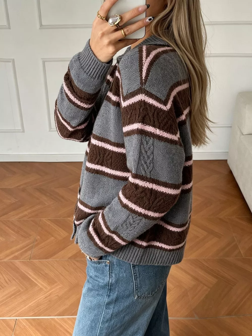 Vintage-Inspired Striped Knit Cardigan with Polo Collar, image 19