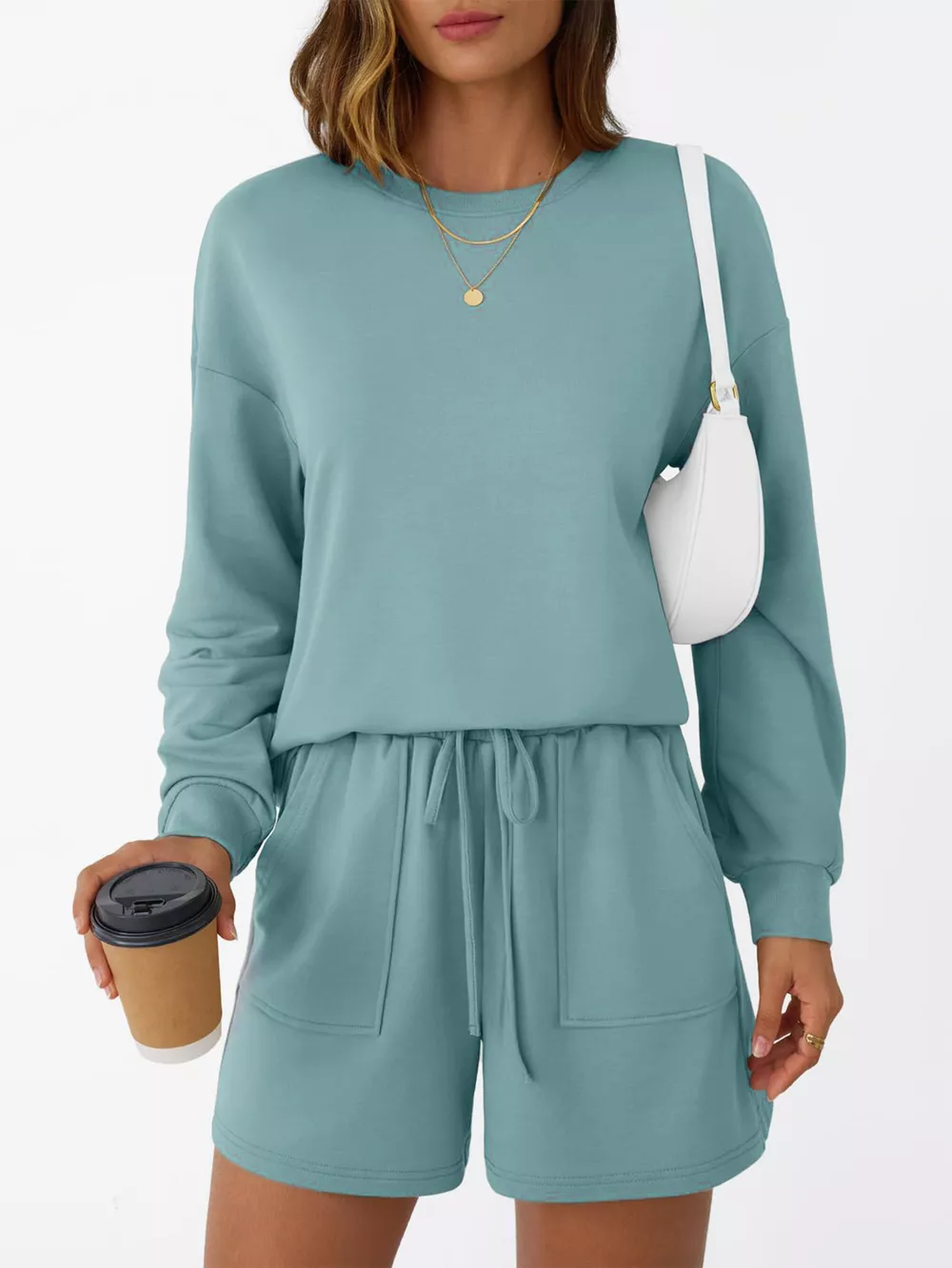 Round Neck Long Sleeve Top and Shorts Set, image 15