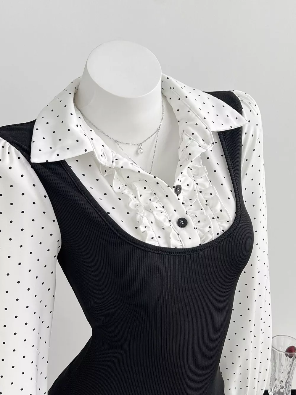 Polka Dot Flounce Sleeve Layered Look Blouse, image 3