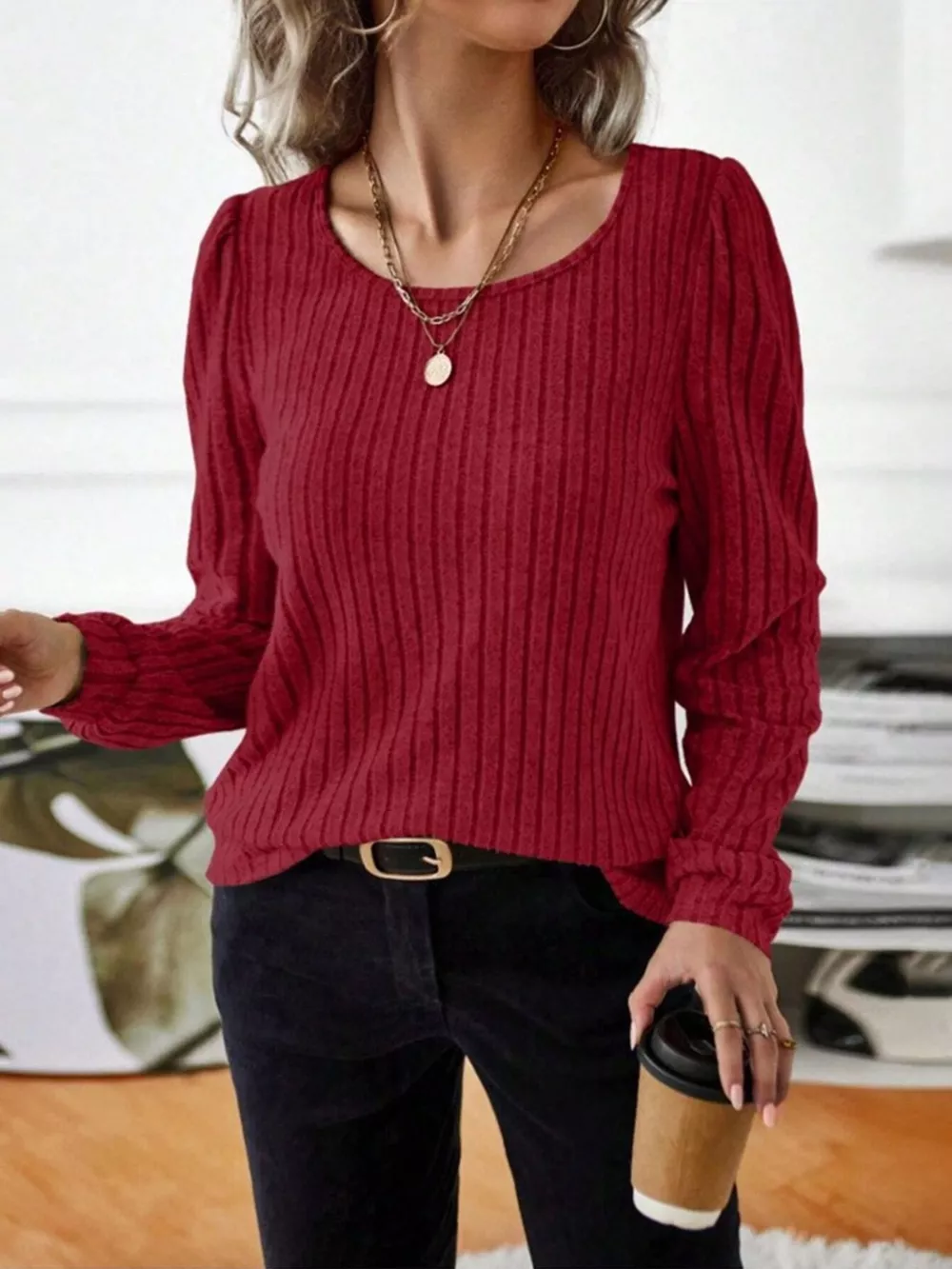 Ribbed Knit Long Sleeve T-Shirt, image 10