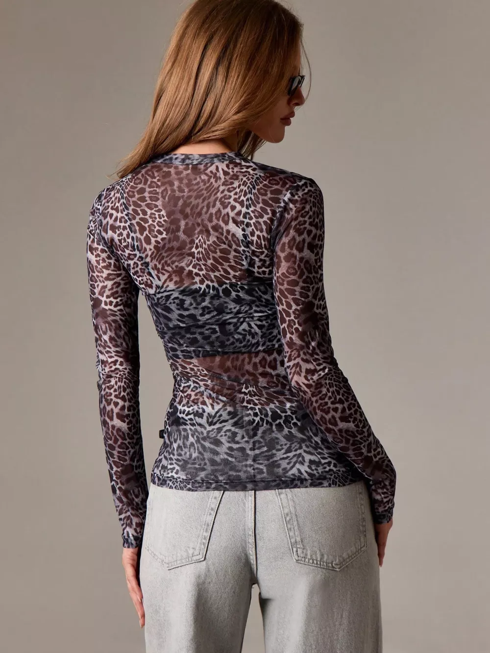 Sheer Leopard Print Long Sleeve Top, image 4