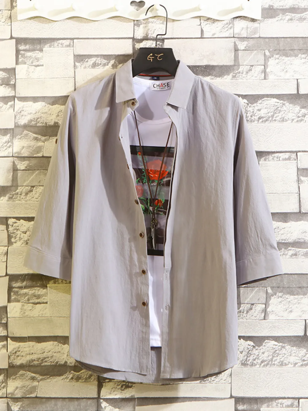 Men's Plus Size Button Up 3/4 Sleeve Shirt, image 3