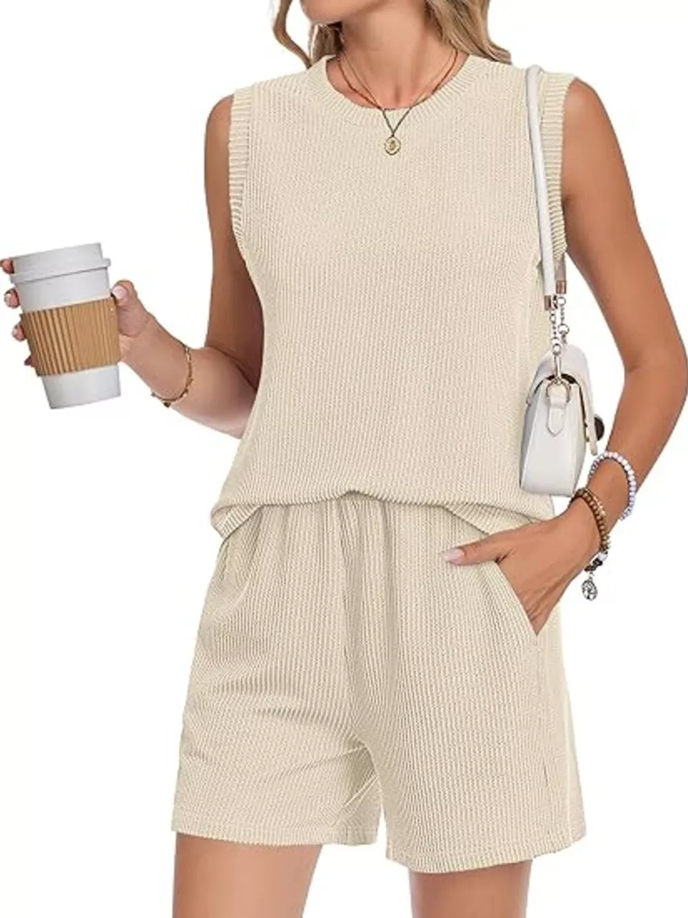 Casual Ribbed Knit Sleeveless Top and Shorts Set, image 7