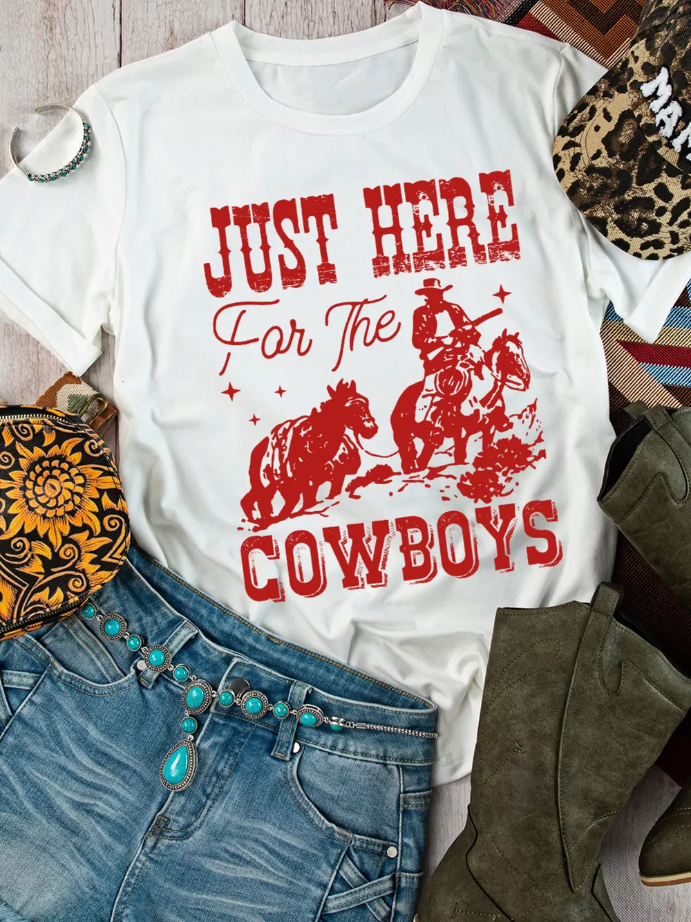 JUST HERE For THE COWBOY Cuffed Sleeve Crew Neck T Shirt, image 6