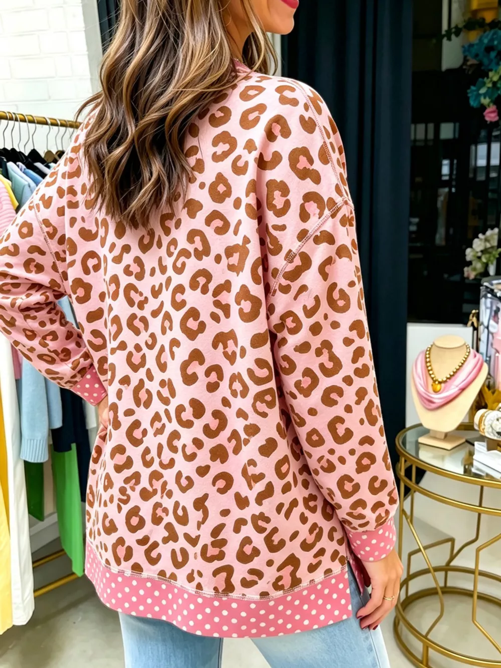 Side Slit Leopard Sweatshirt with Polka Dot Trim, image 5