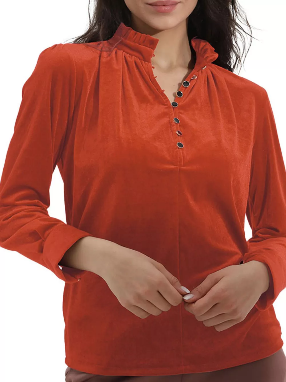 Elegant Velvet Ruffle Neck Blouse, image 10