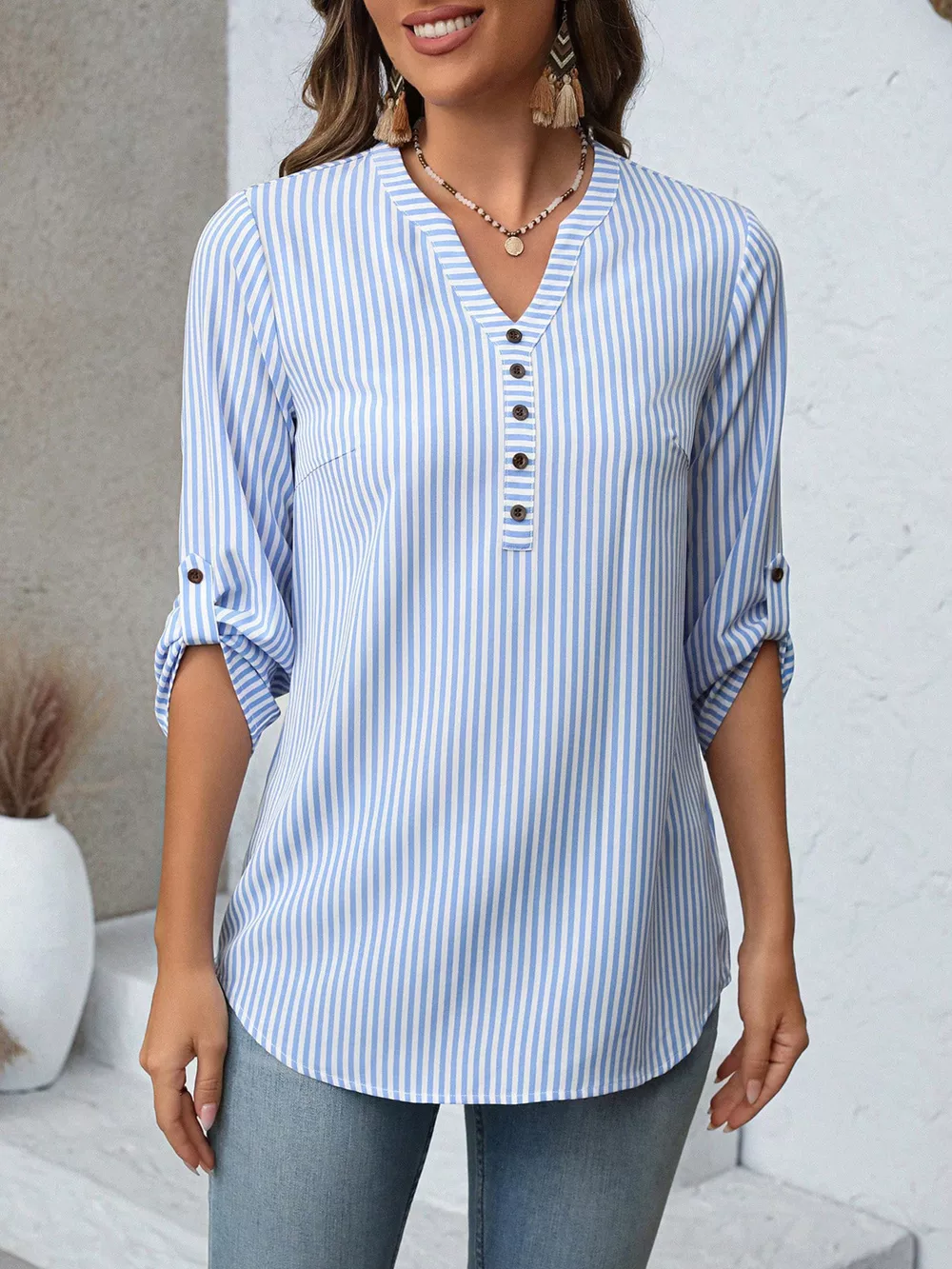 Striped V-Neck Roll-Up Sleeve Blouse, image 3