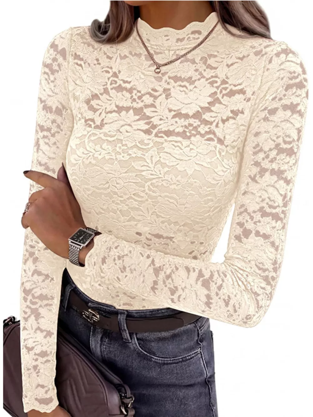 Mock Neck Floral Lace Long Sleeve Blouse
