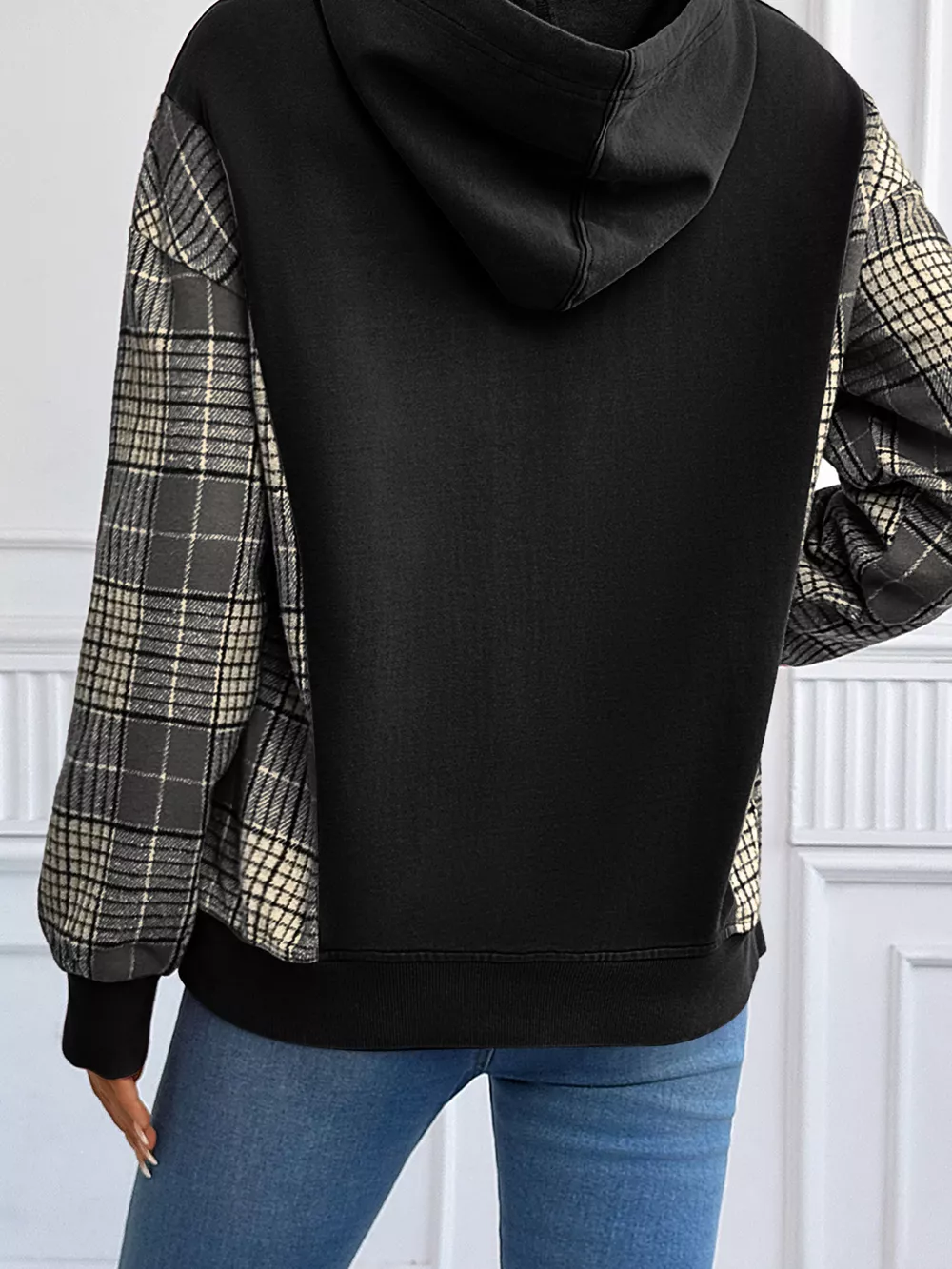 Plaid Sleeve Drawstring Pocket Hoodie, image 18