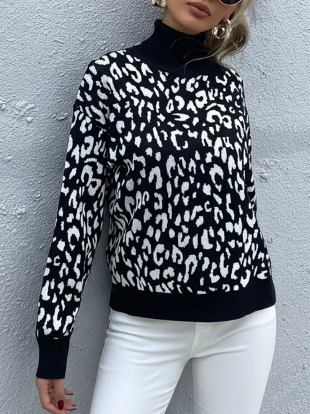 Leopard High Neck Pullover Sweater, image 5