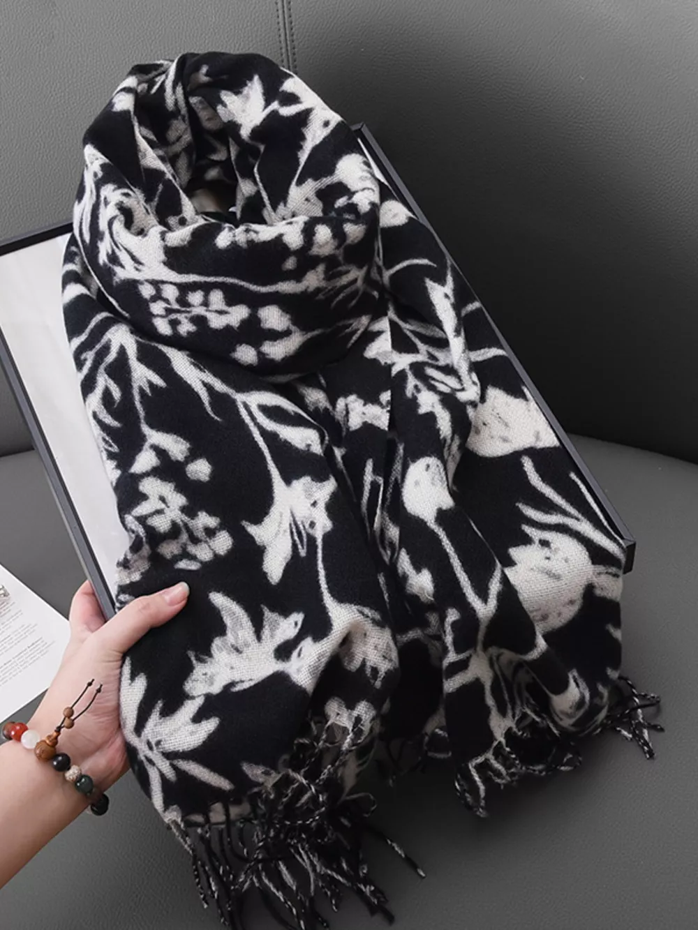 Floral Print Scarf with Fringe Detail