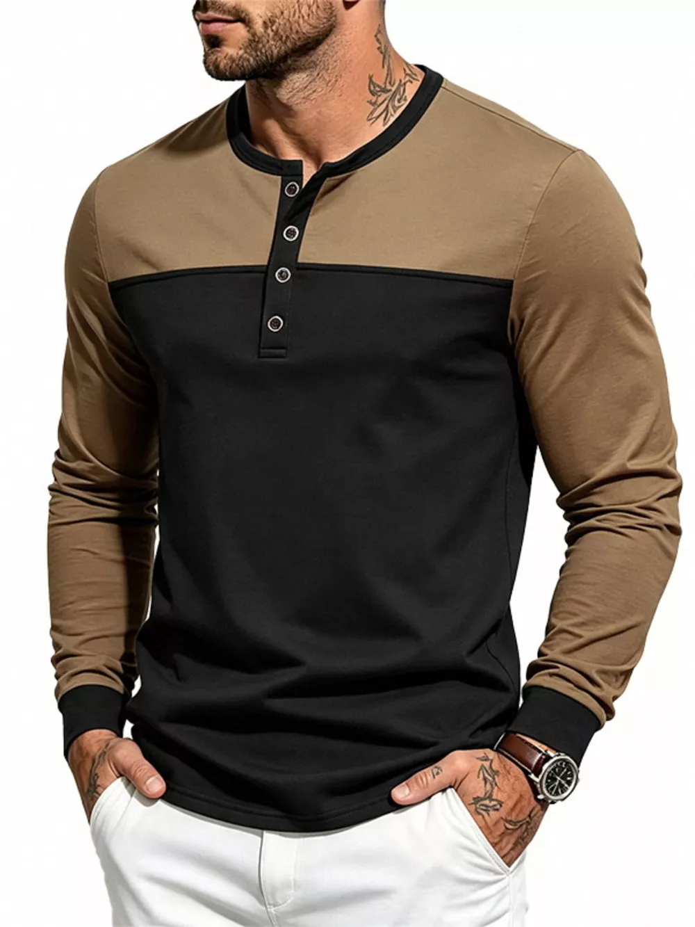 Men's Full Size Color-Block Long Sleeve Henley T-Shirt Plus Size, image 8