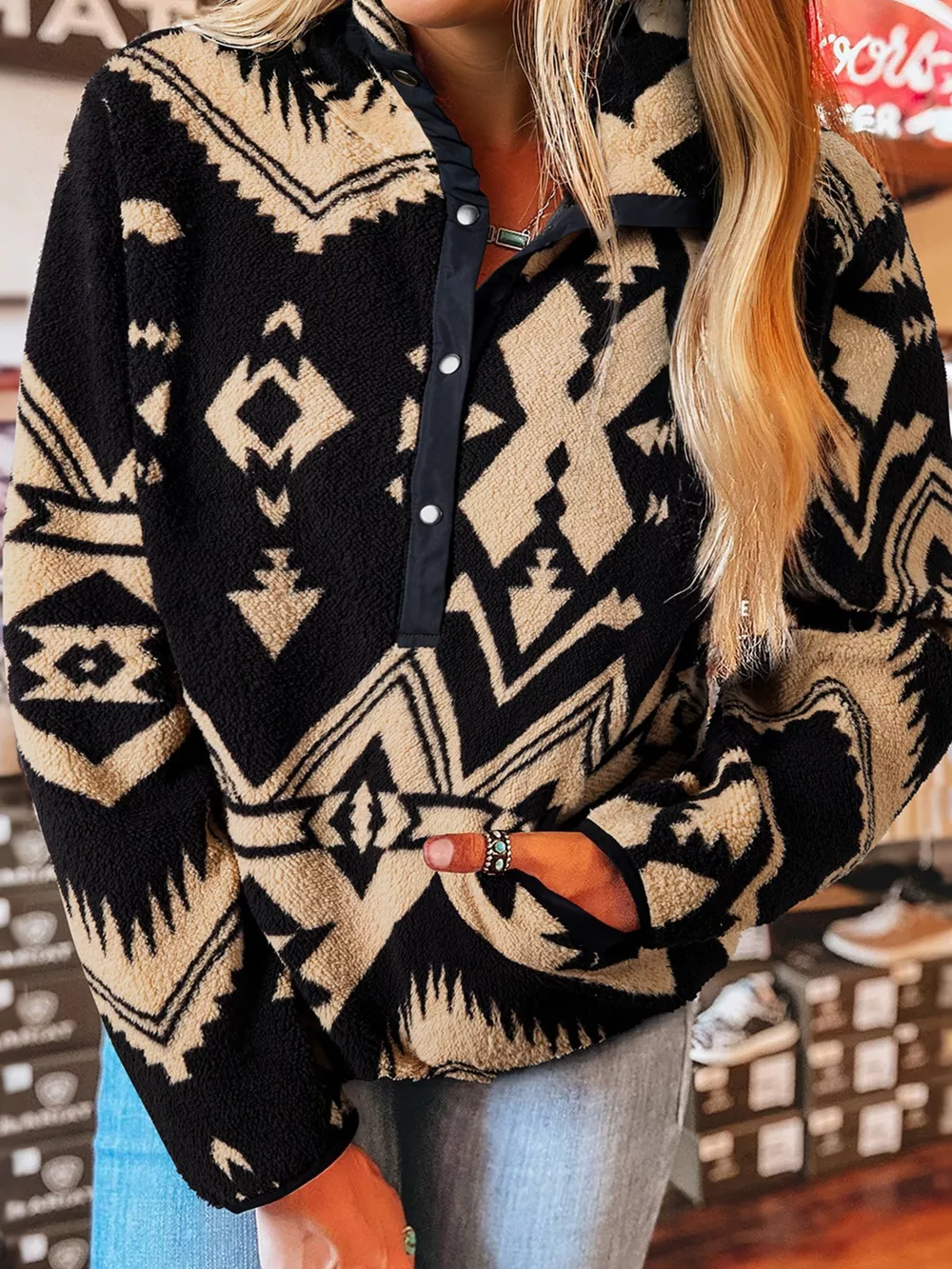 Western Aztec Half Zip Plush Sweatshirt, image 17