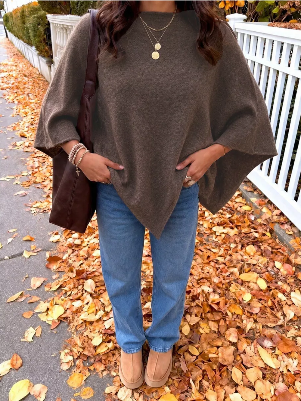 Brushed Loose Shawl Round-Neck Cape Sweater with Bat Sleeves, image 12