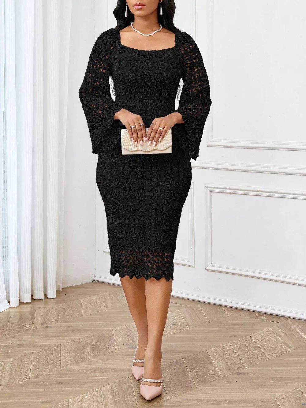Lace Square Neck Midi Dress, image 9