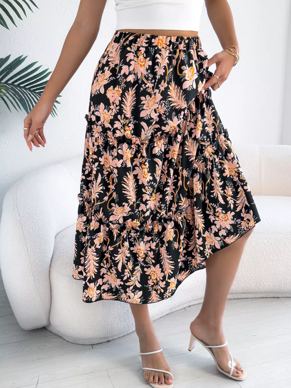 Floral Print Ruffle Hem Flowy Midi Skirt, image 15