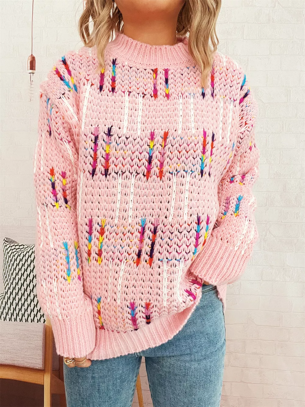 Colorful Round Neck Long Sleeve Sweater, image 24