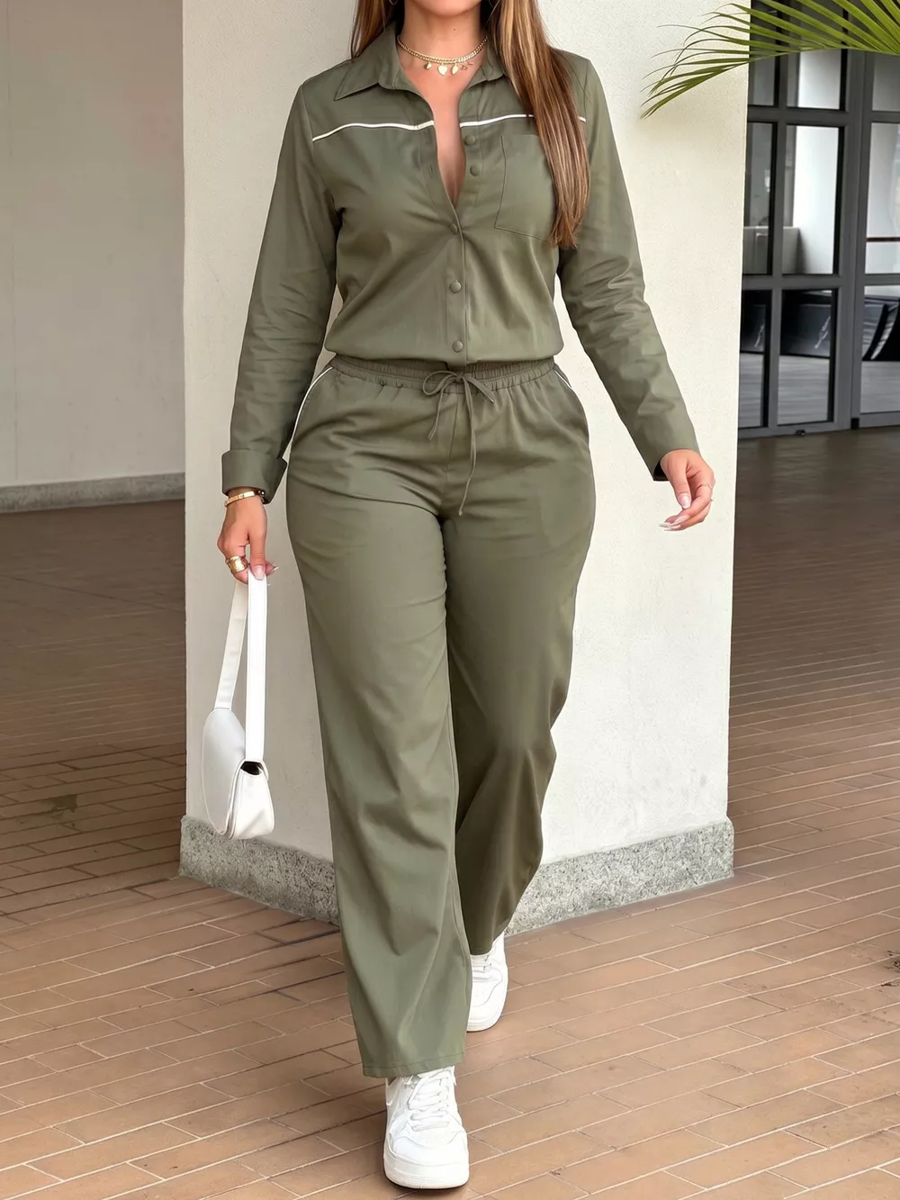 Button Front Jumpsuit with Drawstring Waist, image 4