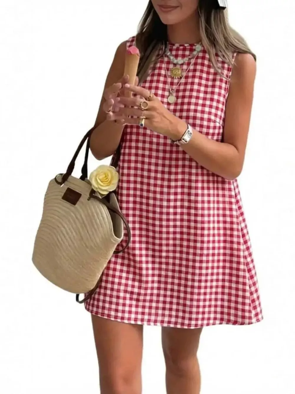 Gingham Sleeveless A-Line Mini Dress, image 2