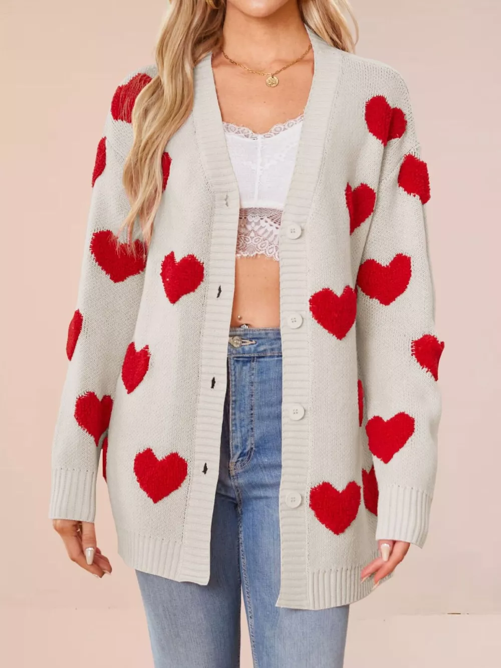 Heart Pattern V-Neck Button-Down Knit Cardigan, image 4