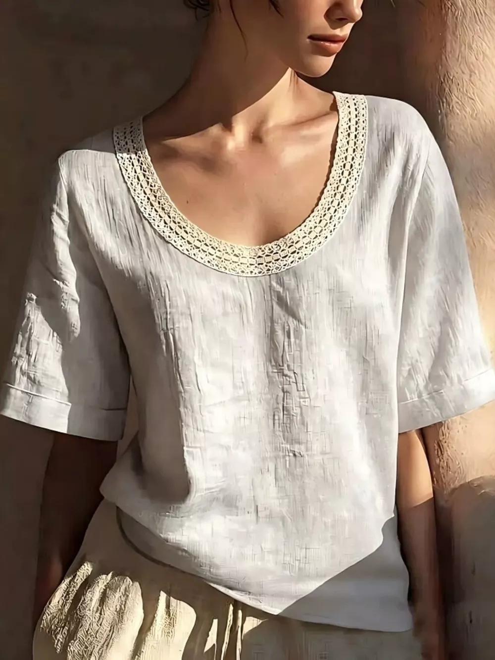 Full Size Lace Trim Short Sleeve Blouse Plus Size, image 5