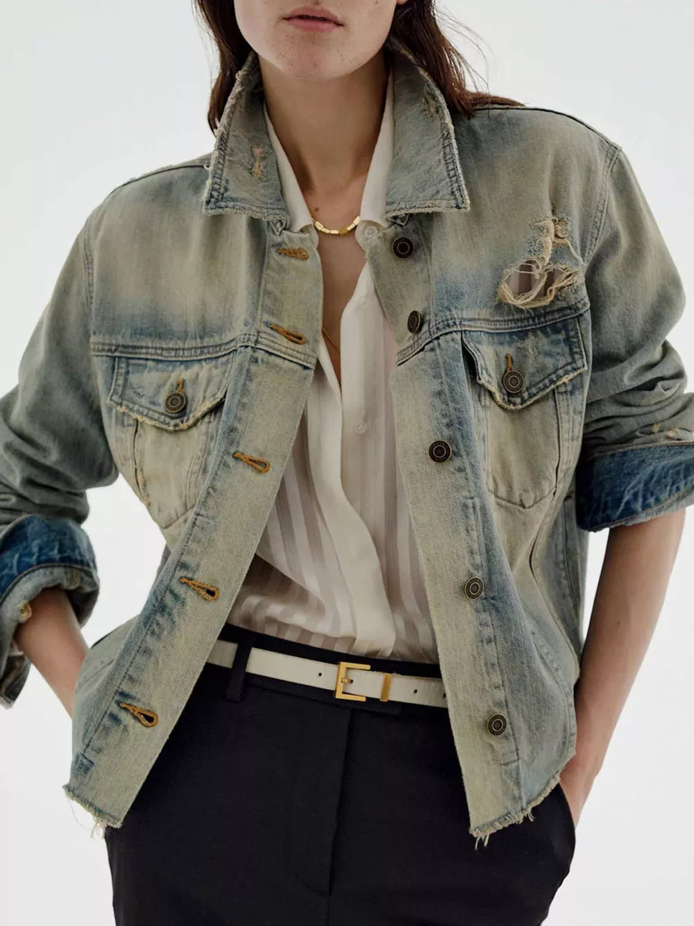 Distressed Wash Button Up Denim Jacket