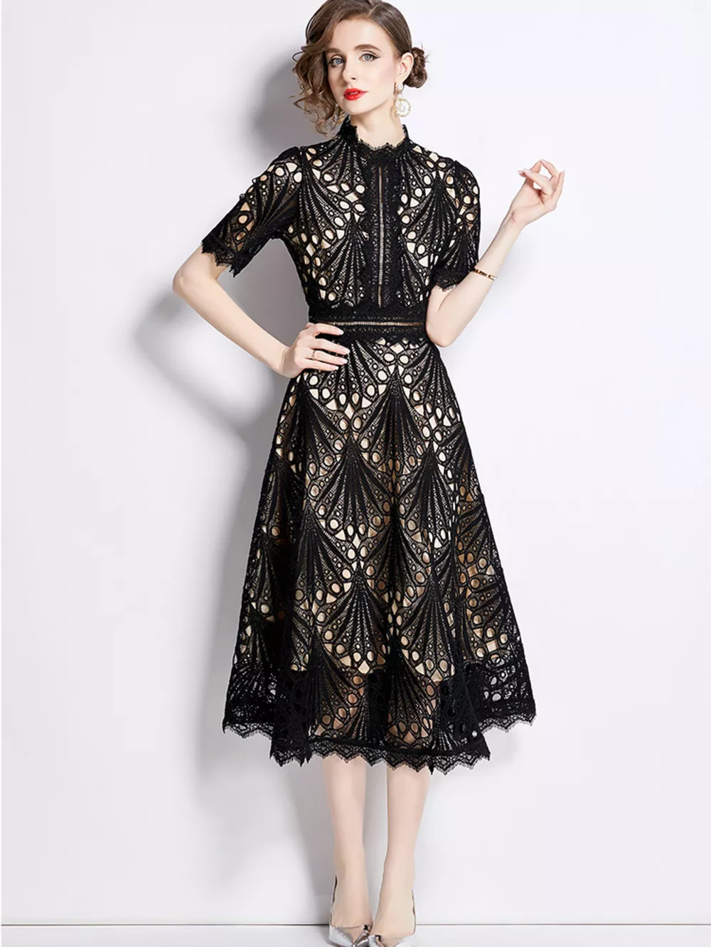 Full Size Lace Short Sleeve Midi Dress Plus Size, image 2