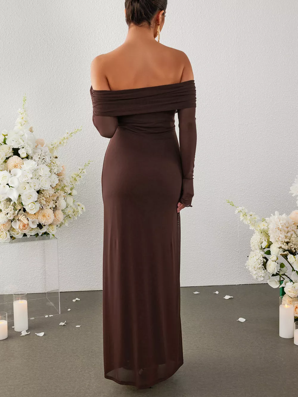 Off-Shoulder Ruched Long Sleeve Maxi Dress, image 25