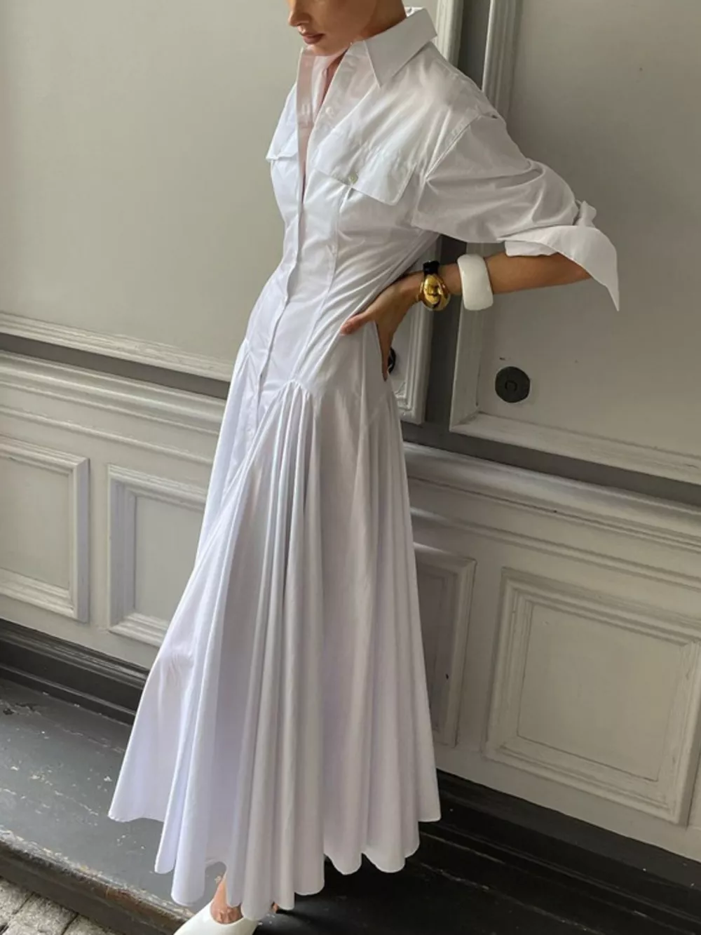 Button Front Long Sleeve Maxi Shirt Dress, image 3