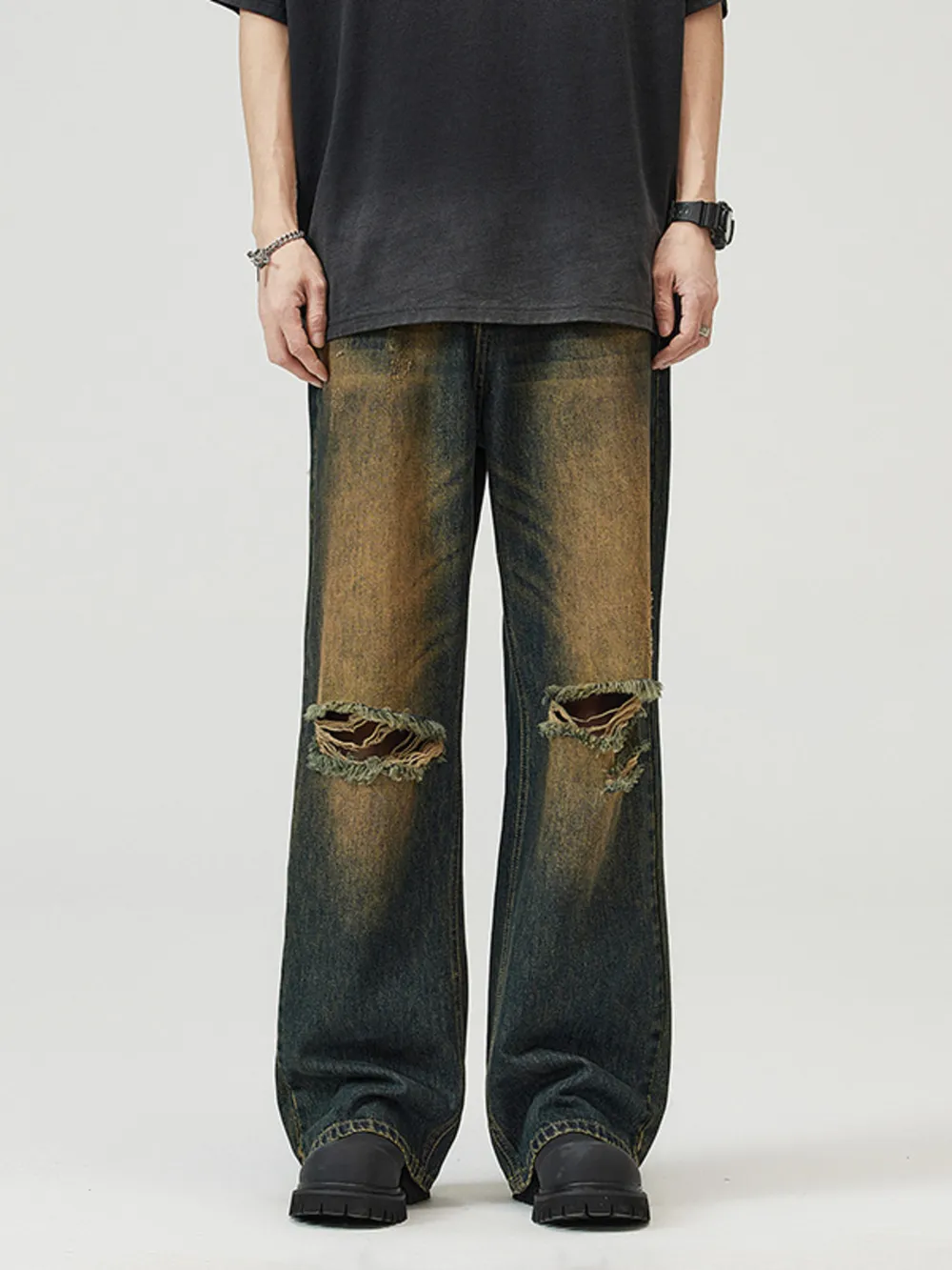 Men's Full Size Washed Distressed Wide Leg Jeans Plus Size, image 2