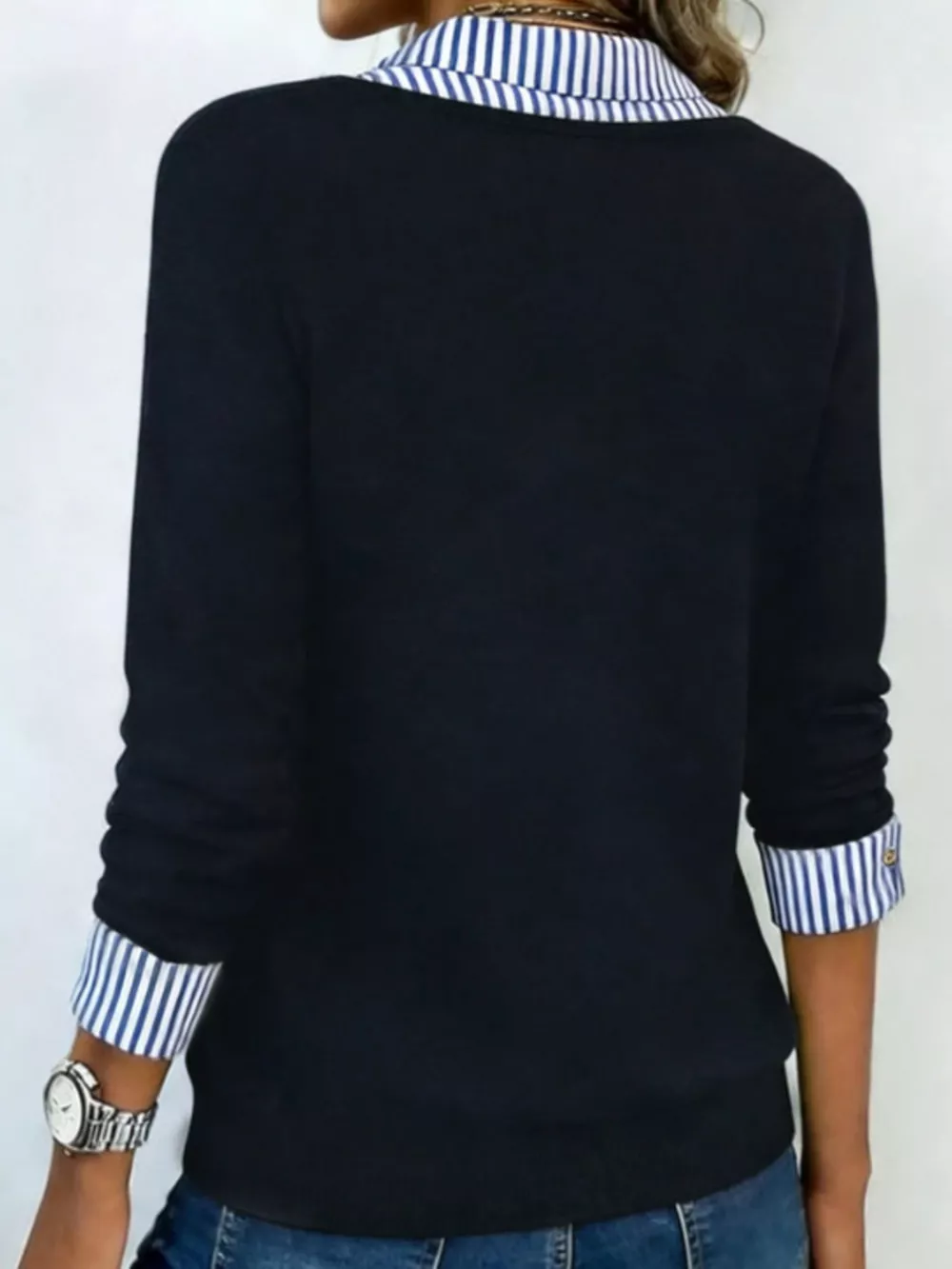 Layered Look Striped Collar Long Sleeve Top, image 4
