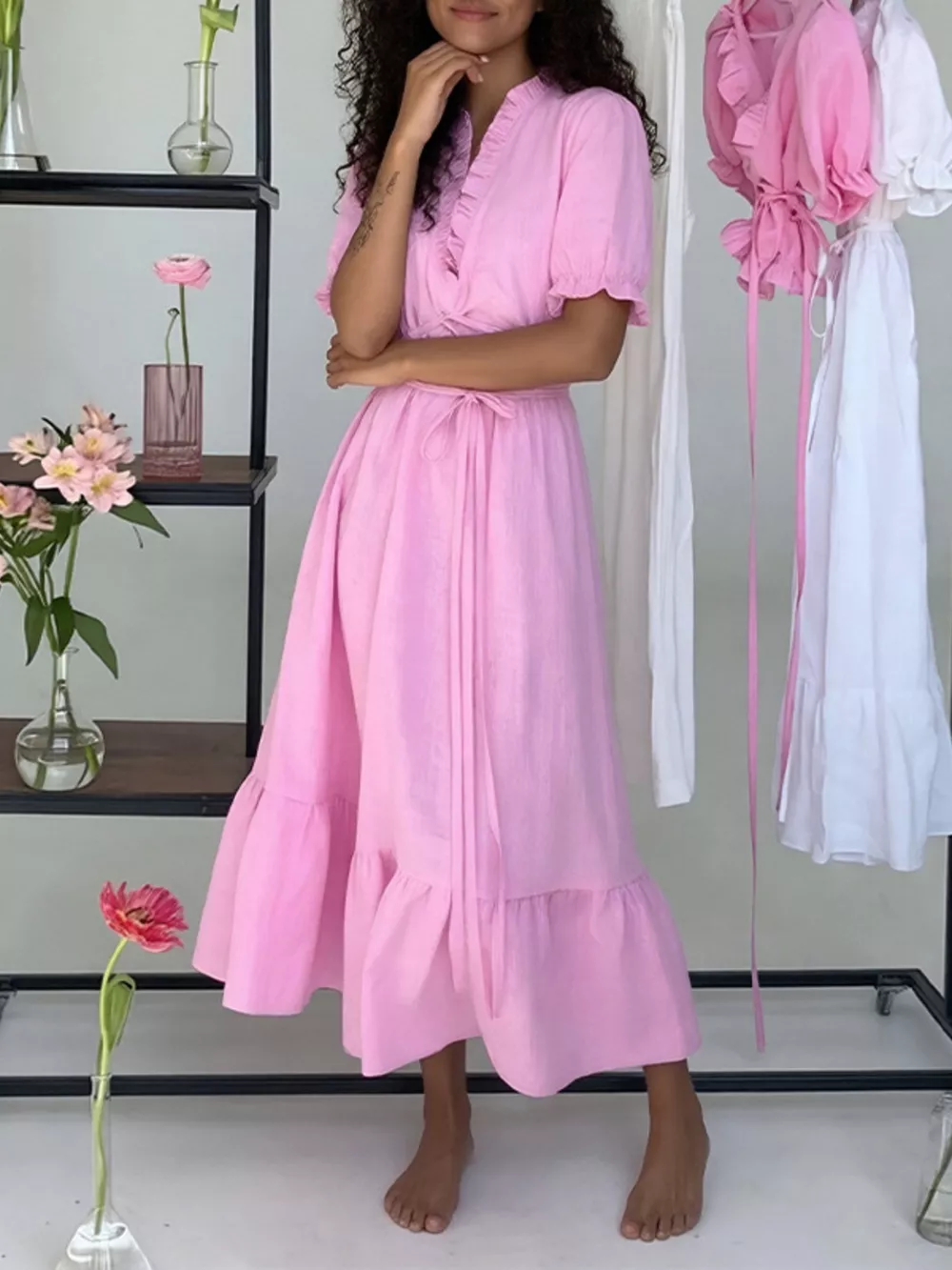 Full Size Puff Sleeve Ruffle Trim Maxi Dress Plus Size, image 7