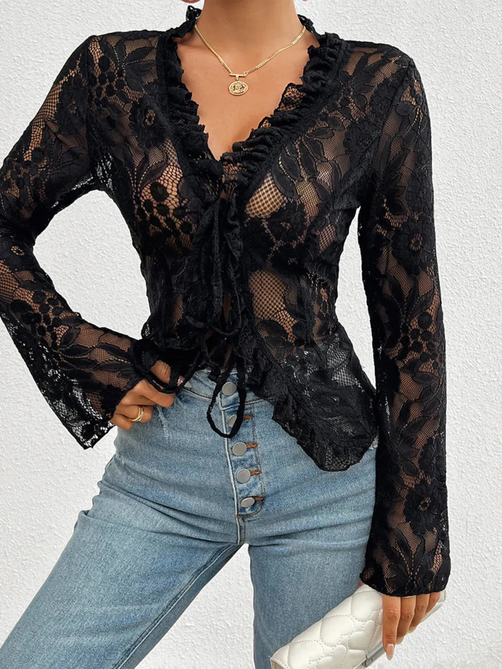 Tie Front Long Sleeve Lace Top, image 8