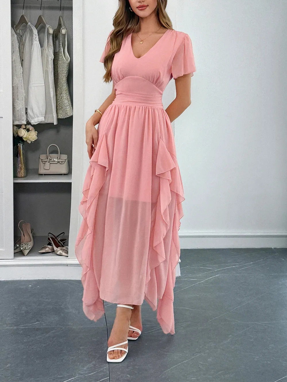 V-Neck Flutter Sleeve Dress, image 3