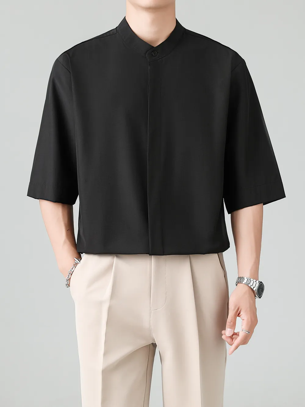Men's Full Size Casual Mandarin Collar Half Sleeve Shirt Plus Size, image 8
