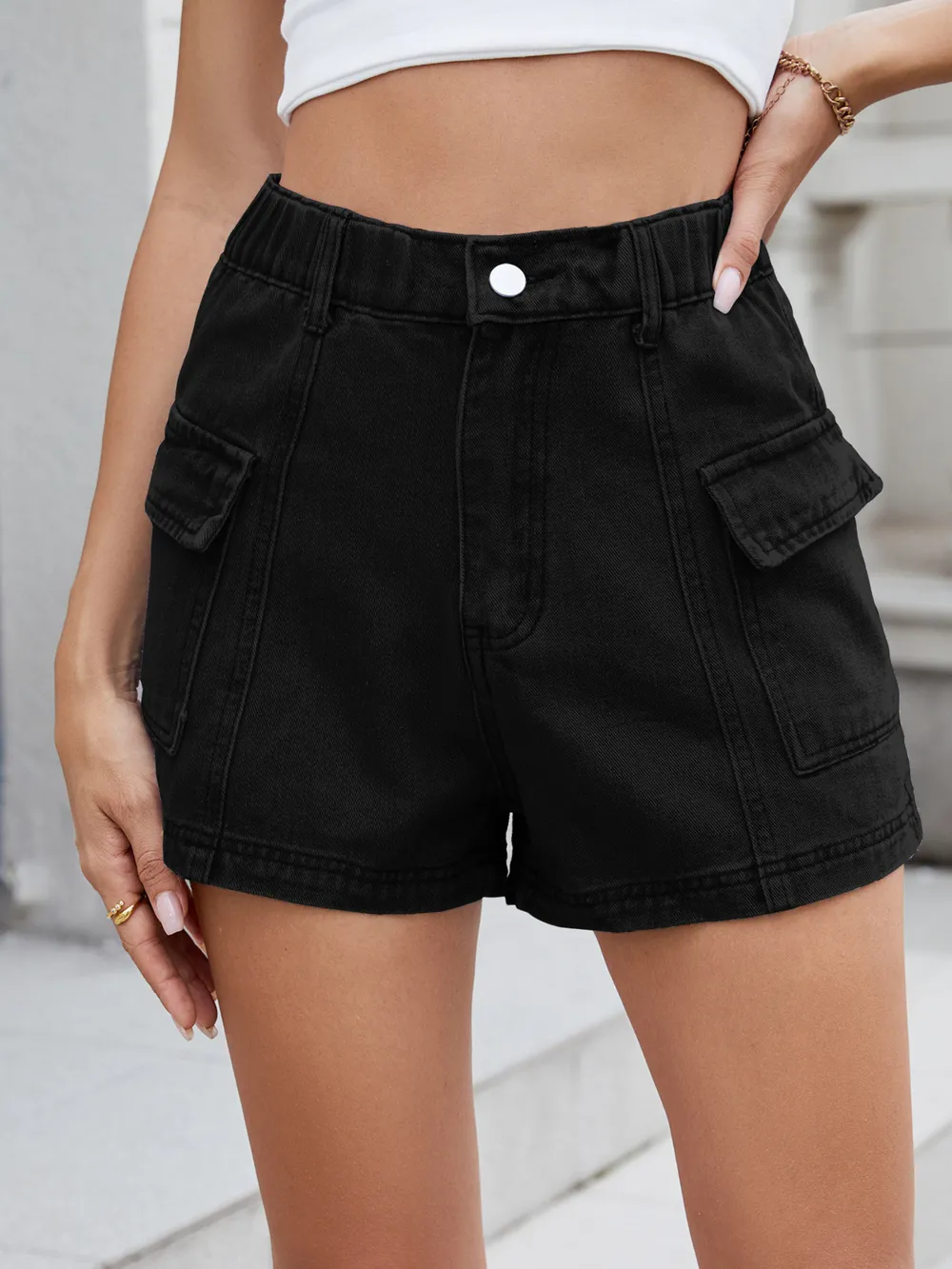 High Waist Cargo Denim Shorts, image 26