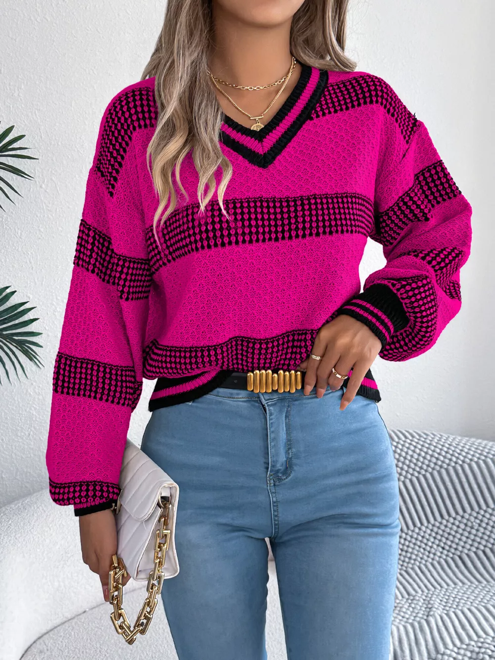 Contrast Striped V-Neck Sweater, image 18