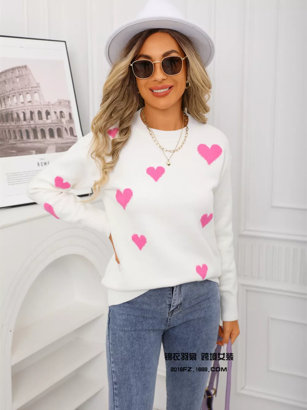 Valentine's Day Heart Print Round Neck Sweater, image 16