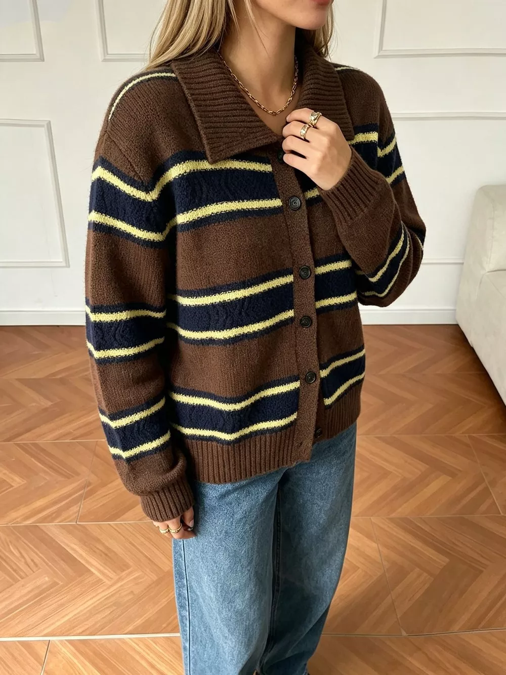 Vintage-Inspired Striped Knit Cardigan with Polo Collar, image 10