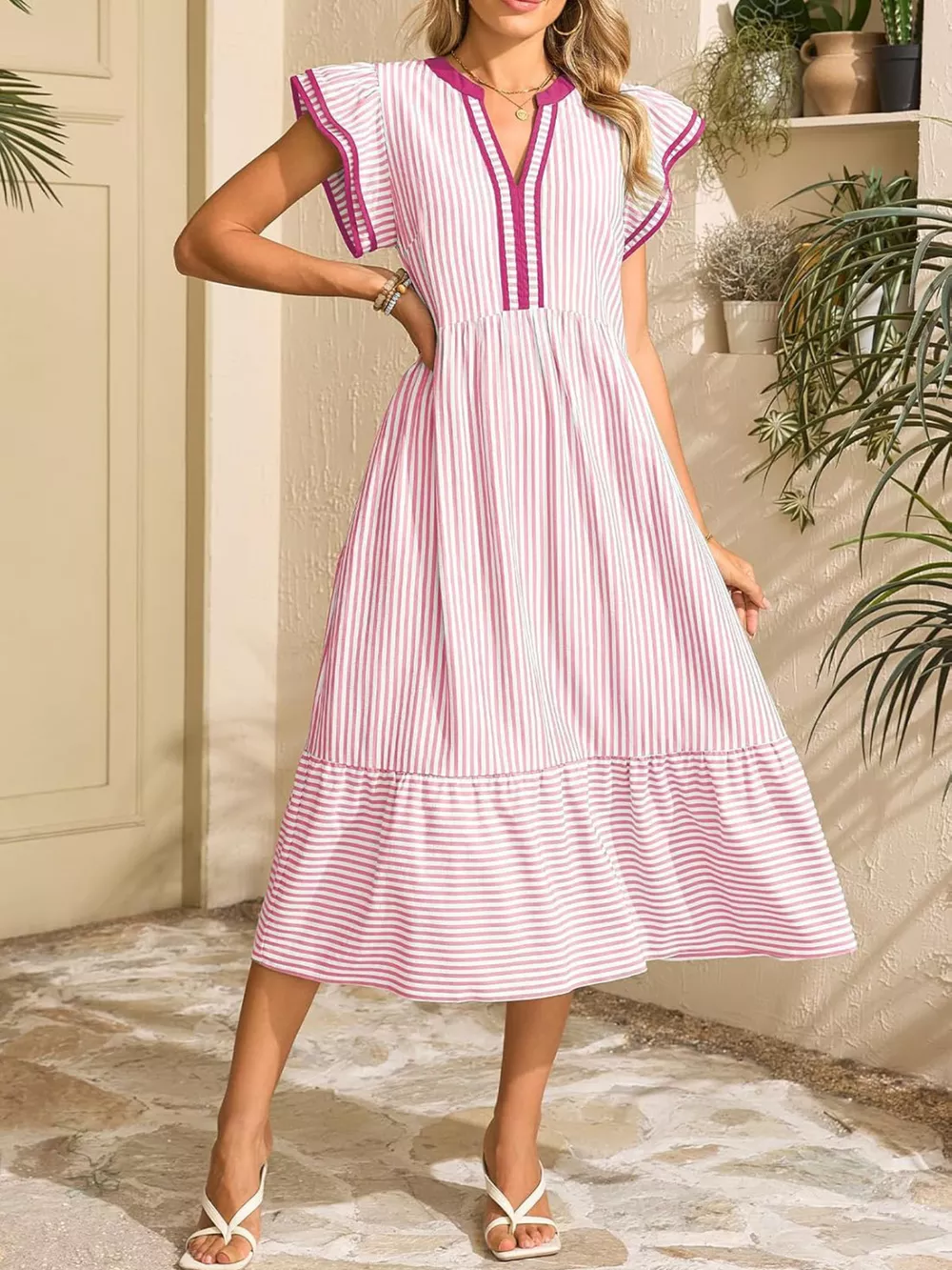 Striped Ruffle Sleeve Midi Dress, image 11